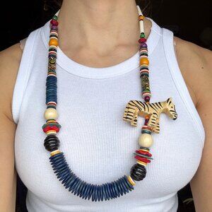 Vintage 80s Long Wooden Zebra Pendant Statement Necklace Multicolor Mixed Beads